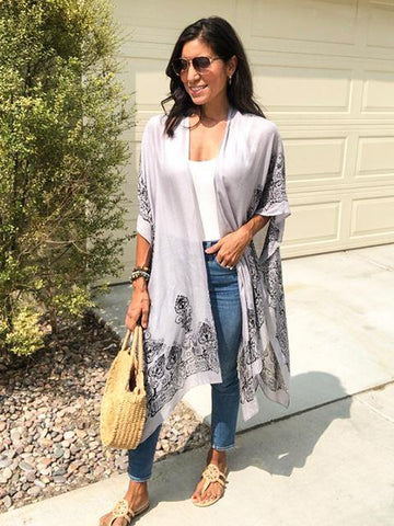 Adeline Grey Print Kimono - Shopmossrose